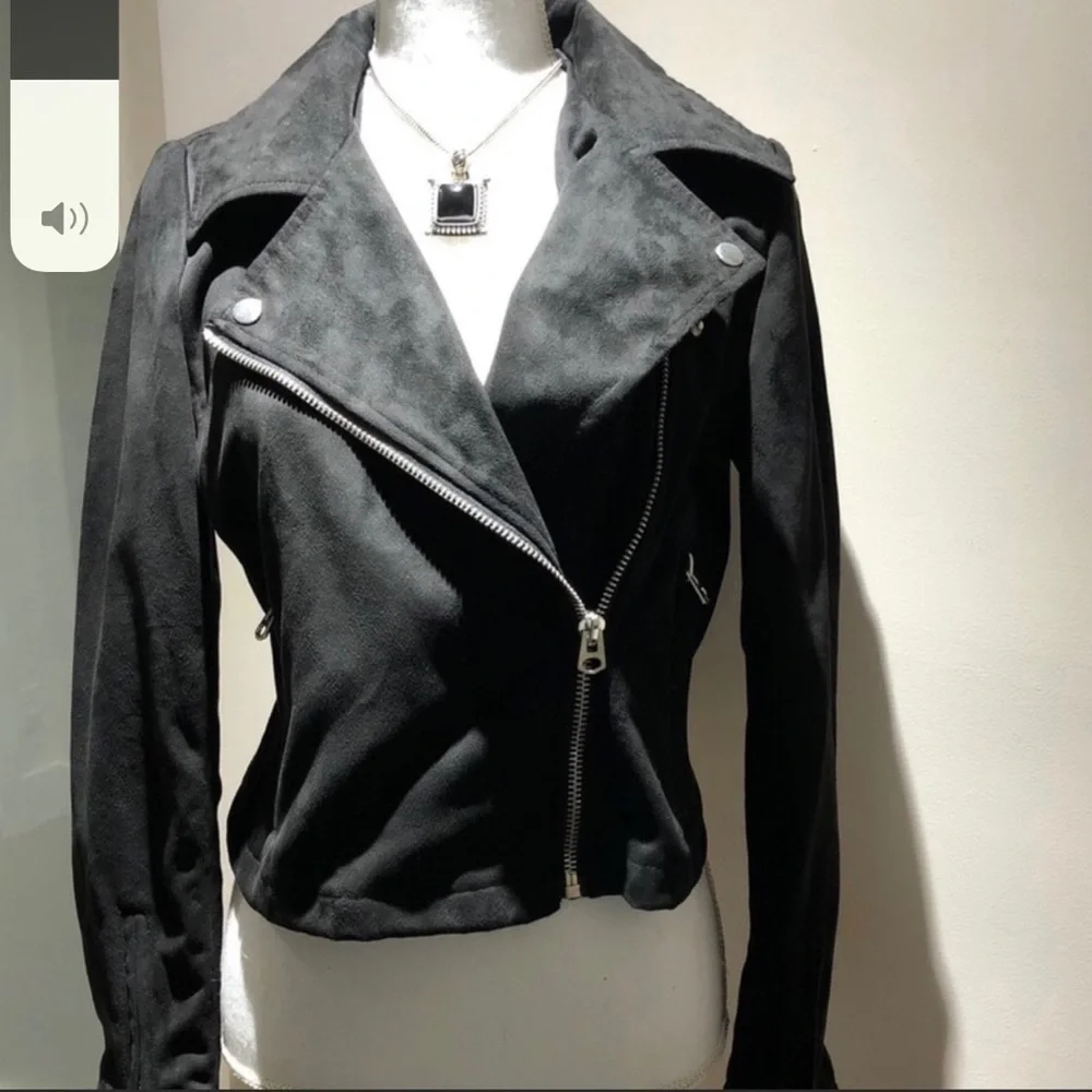 Moto Biker Faux Suede Zip Up Jacket Black Size Medium